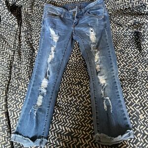 Rue21 Women's Distressed Denim Jeans Low Rise Flare Leg Size 1/2